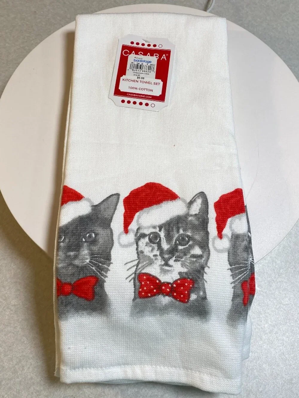 CASABA Christmas Cat Kitchen Towels Set of 2 100% Cotton NWT